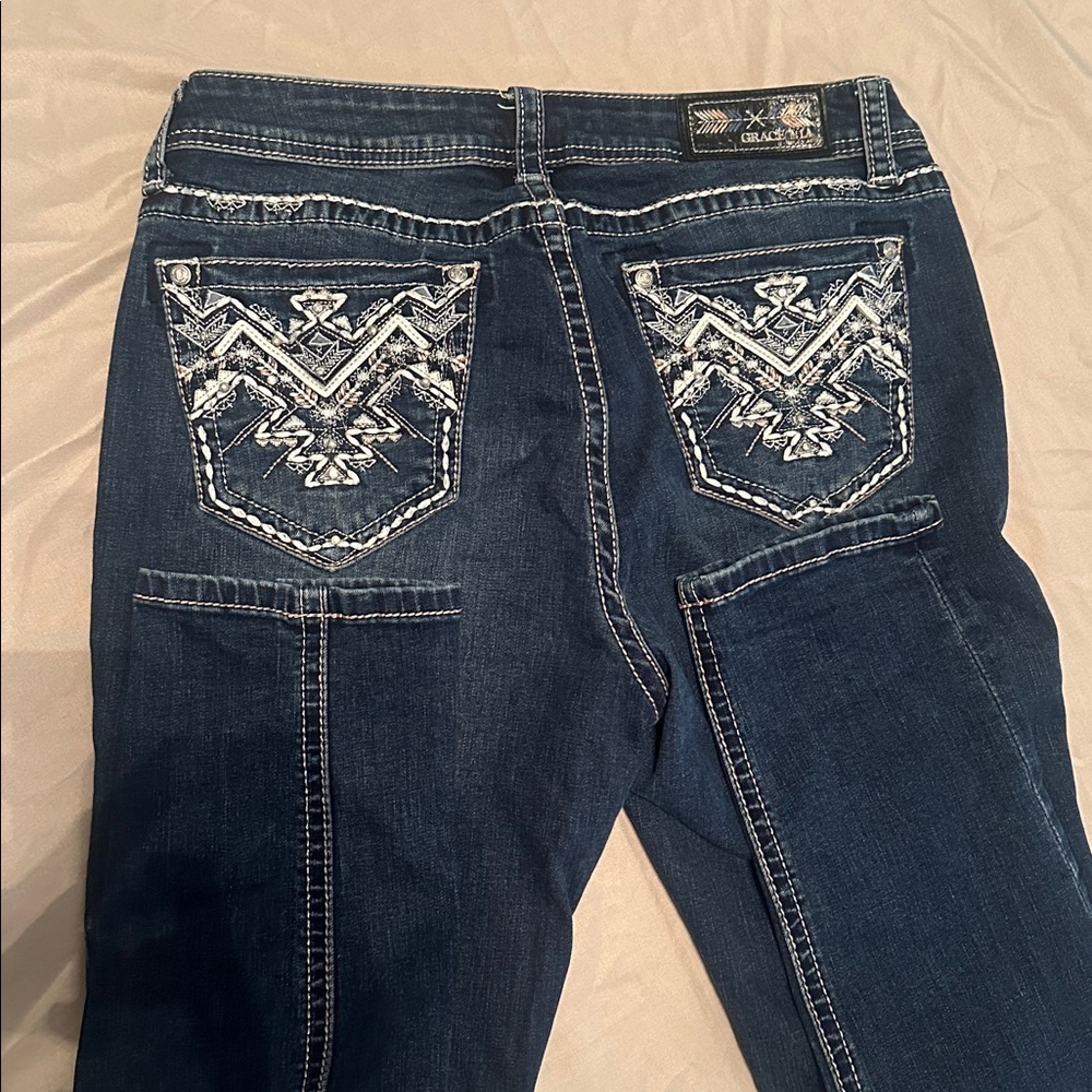 Grace Women's Straight Leg Jeans - Dark Blue with White Embroidery